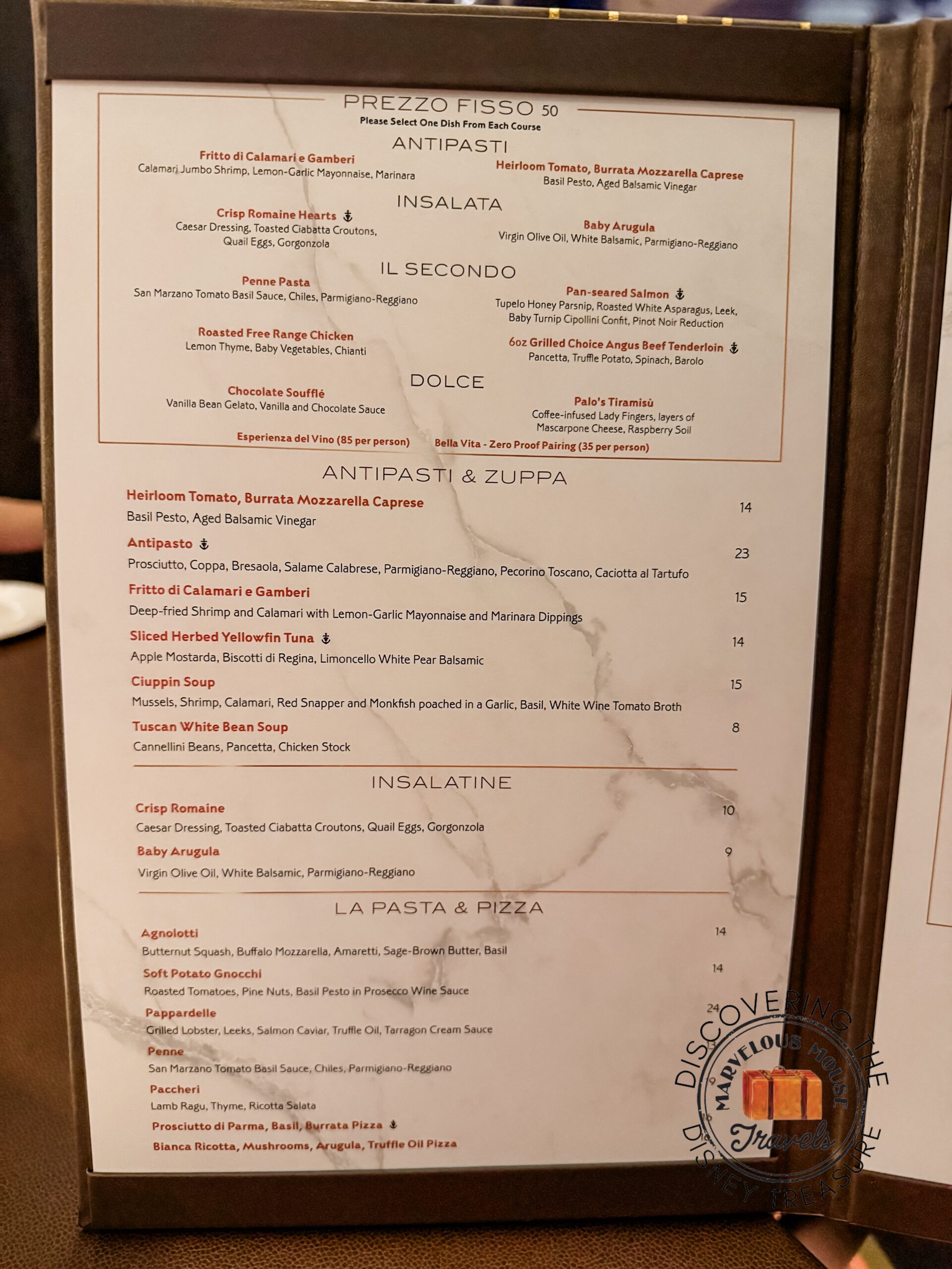 Disney Treasure Palo Steakhouse Menu